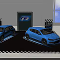 Car Exhibition Display With Two Blue Cars Black And White Checkered Floor And Tire
