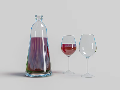 Minimalist Wine Bottle and Wine Glasses with Red Wine on Gray Background 3d model