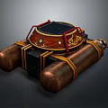 Mechanical Device With Brown Cylindrical Parts Black Top Red Accents And Golden Patterns