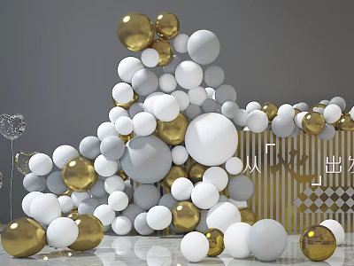 Gold White And Gray Spheres Stacked In Pyramid With Transparent Wine Glass And Geometric Panels 3d model