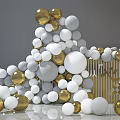 Gold White And Gray Spheres Stacked In Pyramid With Transparent Wine Glass And Geometric Panels