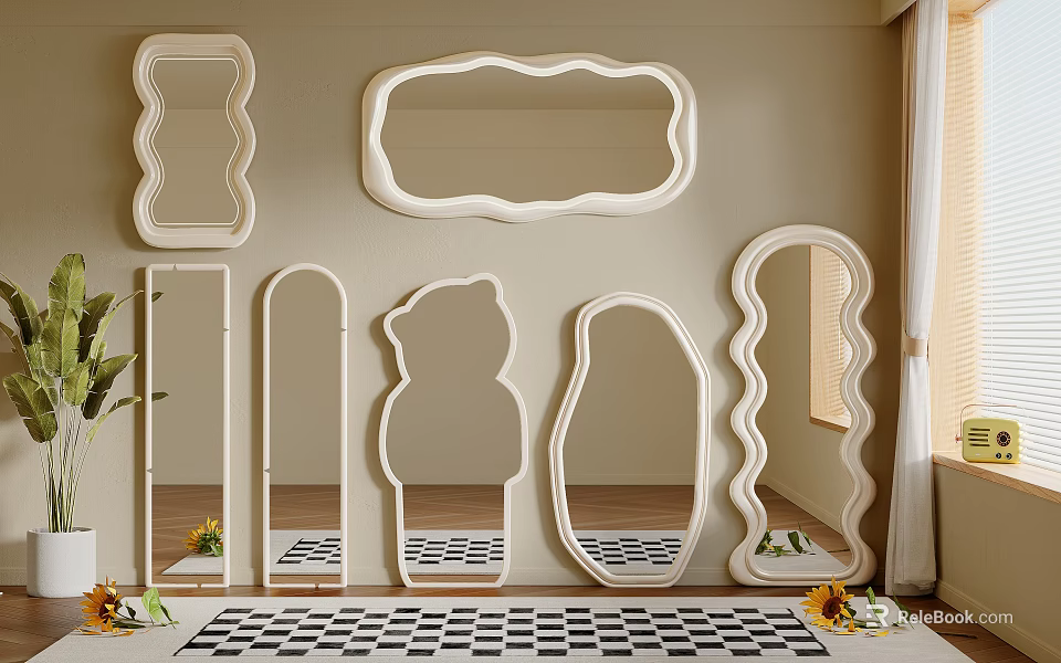 Stylish Mirrors with Various Shapes in Wall Decor for Room with Checkered Rug and Plants 3d model 