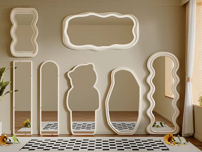 Stylish Mirrors with Various Shapes in Wall Decor for Room with Checkered Rug and Plants 3d model