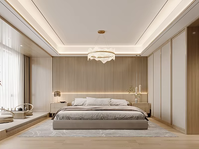 Modern Bedroom Interior Design Featuring Vertical Striped Accent Wall Chandelier And Area Rug 3d model