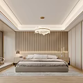 Modern Bedroom Interior Design Featuring Vertical Striped Accent Wall Chandelier And Area Rug