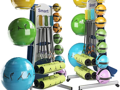 Colorful Smart Sports Equipment Rack With Various Fitness Balls And Yoga Mats 3d model