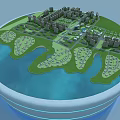3D Urban City Model With Green Parks Water Lakes Roads And Tall Buildings