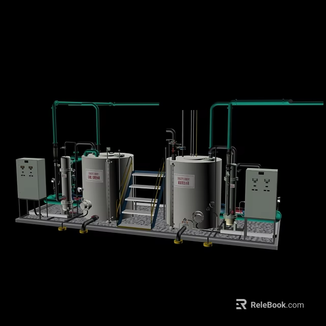 Industrial Equipment Setup with Stainless Steel Tanks Piping Systems and Control Panels 3d model 