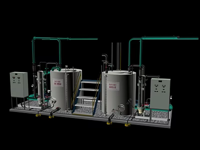 Industrial Equipment Setup with Stainless Steel Tanks Piping Systems and Control Panels 3d model