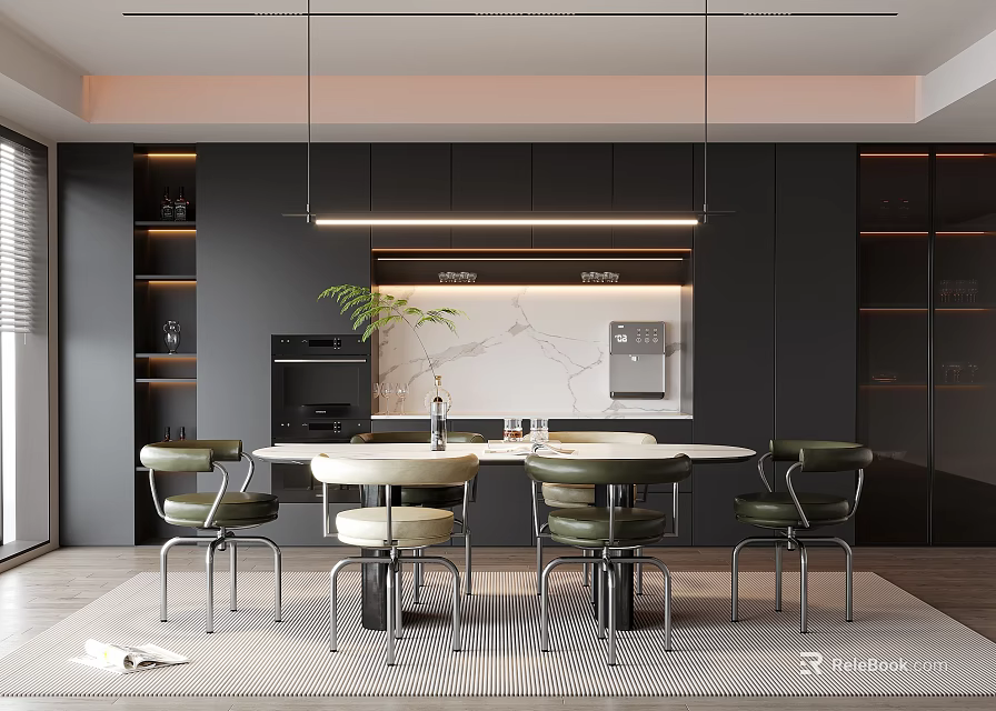 Modern Restaurant Interior With Round Dining Table Green Chairs Hanging Lights And Potted Plant 3d model 