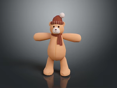 Stuffed Bear Plush Toy with Brown Hat White Pom Pom and Brown Scarf for Kids 3d model
