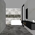Modern Bathroom Interior With Gray Marble Tiles Bathtub Black Vanity Mirror Wall And Gold Accents