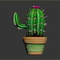 Green Spiky Cactus With Red Flower In Decorative Green And Orange Pot
