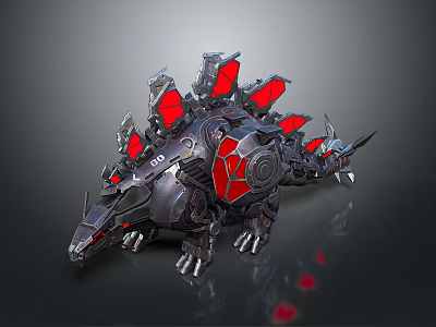 Smart Machine Resembling Mechanical Dinosaur With Metallic Structure And Spiked Red Panels 3d model