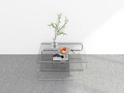Modern Transparent Glass Coffee Table With Vase Fruit And Magazine On Lower Shelf 3d model