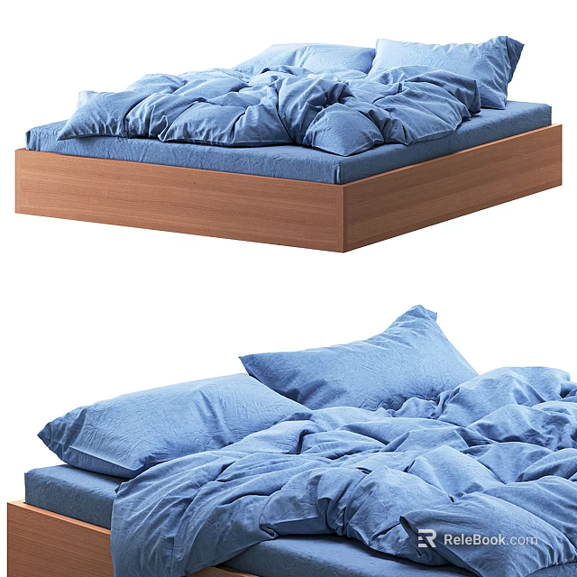Modern Double Bed With Wooden Frame Blue Bedding And Soft Plush Pillows 3d model 