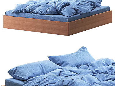 Modern Double Bed With Wooden Frame Blue Bedding And Soft Plush Pillows 3d model