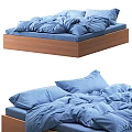 Modern Double Bed With Wooden Frame Blue Bedding And Soft Plush Pillows 3d model