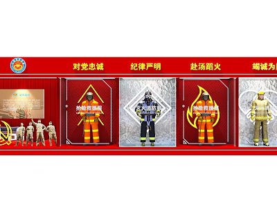 Multiple Firefighter Uniform Models Display On Red Exhibition Board With Slogans 3d model