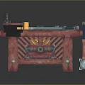 Red Brick Workbench Furniture with Tools on Top Drawers and Blue Gray Mechanical Parts