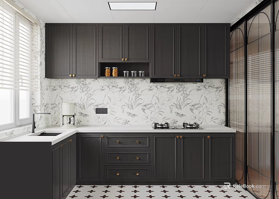 Modern Kitchen Interior With Dark Cabinets White Countertop Gold Hardware Marble Backsplash And Star Floor 3d model 