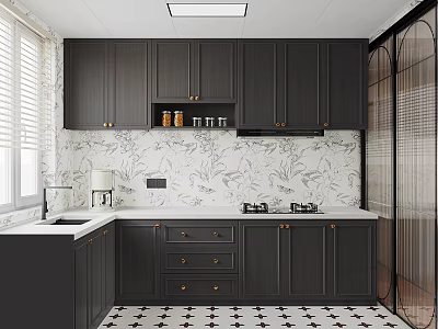 Modern Kitchen Interior With Dark Cabinets White Countertop Gold Hardware Marble Backsplash And Star Floor 3d model