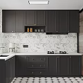 Modern Kitchen Interior With Dark Cabinets White Countertop Gold Hardware Marble Backsplash And Star Floor