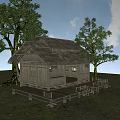 Traditional Thatched House With Wooden Structure Deck and Surrounding Green Grass