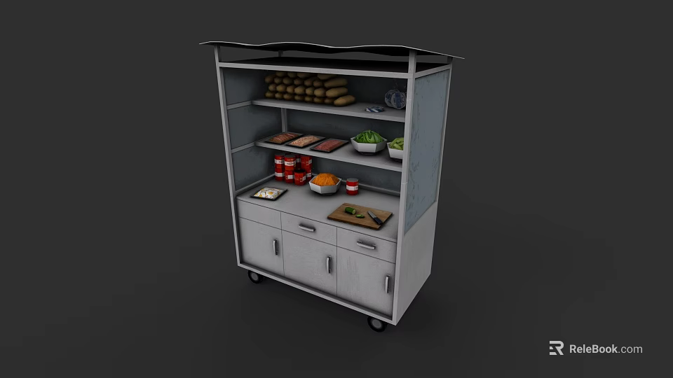 Practical Food Stall With Multiple Shelves Assorted Bread Fresh Vegetables Sauce Containers Drawers And Wheels 3d model 