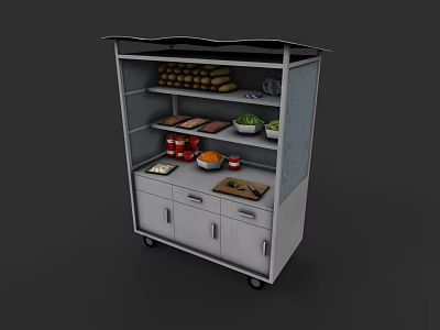 Practical Food Stall With Multiple Shelves Assorted Bread Fresh Vegetables Sauce Containers Drawers And Wheels 3d model