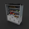 Practical Food Stall With Multiple Shelves Assorted Bread Fresh Vegetables Sauce Containers Drawers And Wheels