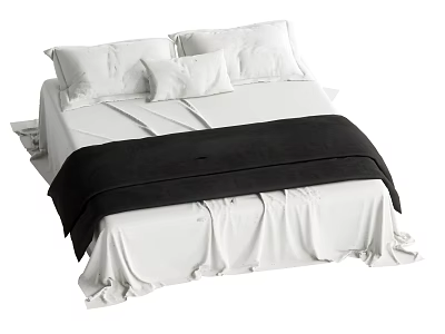 Elegant Modern Double Bed With White Sheets Pillows And Black Blanket 3d model