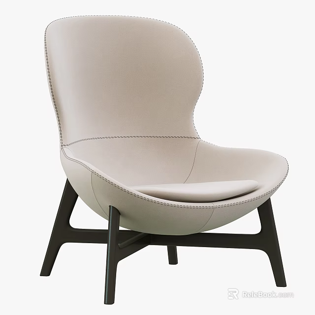 Modern Beige Leather Accent Chair With Stitched Details And Wooden Legs Design 3d model 
