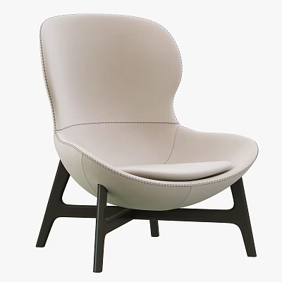 Modern Beige Leather Accent Chair With Stitched Details And Wooden Legs Design 3d model