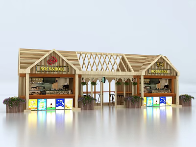 Wooden House Fish And Chips Shop Double Storefront Truss Roof Display Windows And Potted Plants 3d model