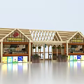 Wooden House Fish And Chips Shop Double Storefront Truss Roof Display Windows And Potted Plants