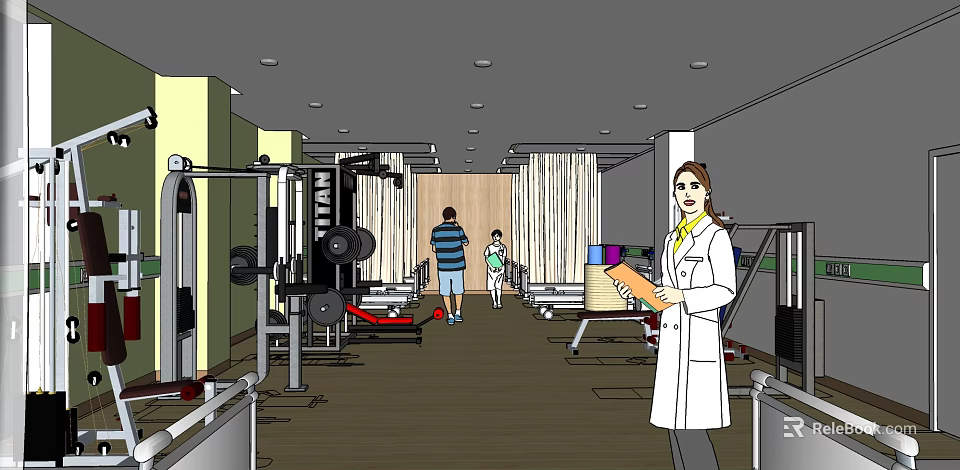 Gym Interior With Workout Equipment People Exercising And Trainer Holding Folder 3d model 