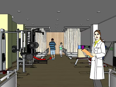 Gym Interior With Workout Equipment People Exercising And Trainer Holding Folder 3d model