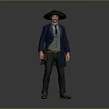Man in blue coat green vest with wide-brimmed hat tie black pants brown boots holster