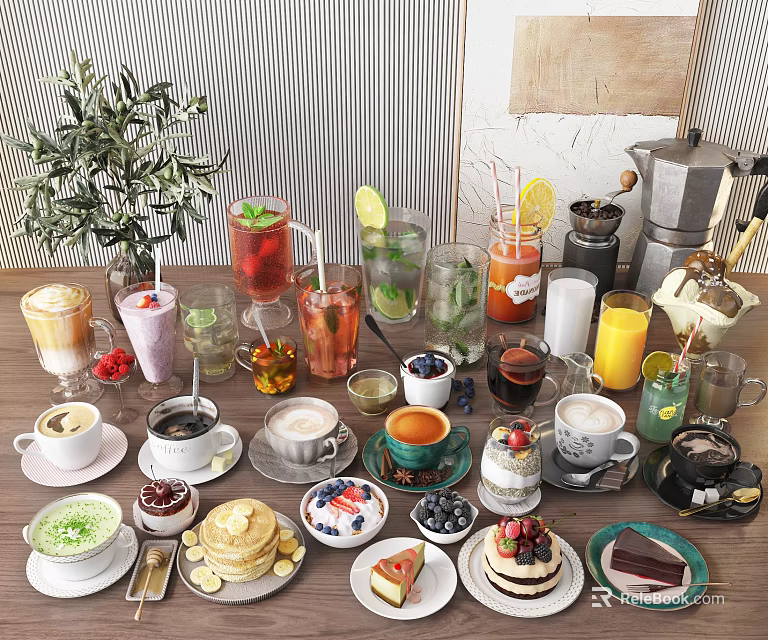 Assorted Delicious Food Spread With Homemade Desserts Fresh Fruit And Handcrafted Beverages 3d model 