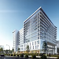 Modern High Rise Building Featuring Glass Facade Urban Trees Street And Cars