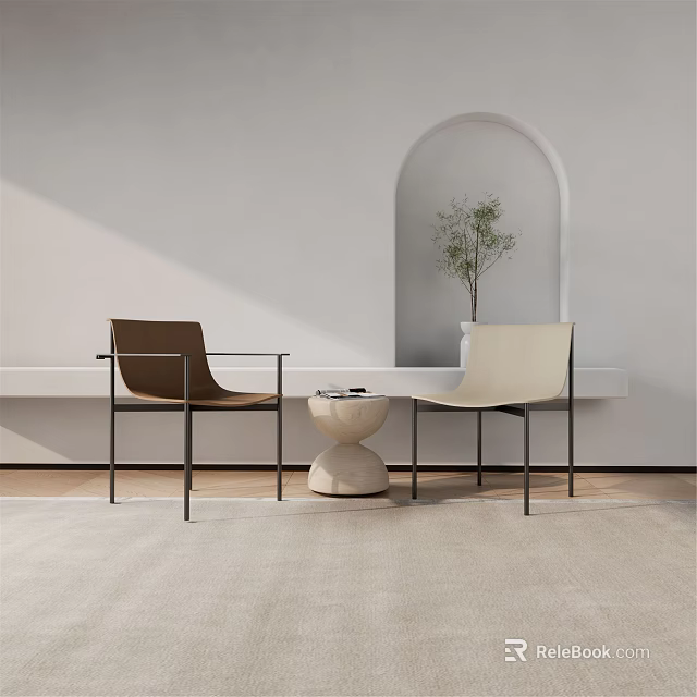 Modern Leisure Sofa Set with Two Brown Beige Chairs Metal Legs Coffee Table Light Rug 3d model 