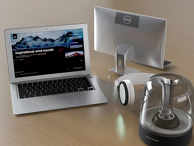 Modern Laptop And Dell Monitor Setup With Headphones On Wooden Desk 3d model