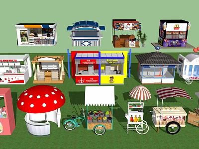 Colorful Outdoor Retail Kiosks and Stalls with Various Designs and Shapes 3d model