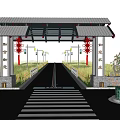 Traditional Chinese Entrance Gate Featuring Ornate Roof Pillars Red Decorations And Farmland Road