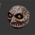 Anthropomorphic Lunar Creature Featuring Surface Texture Glowing Yellow Red Eyes And Grinning Teeth