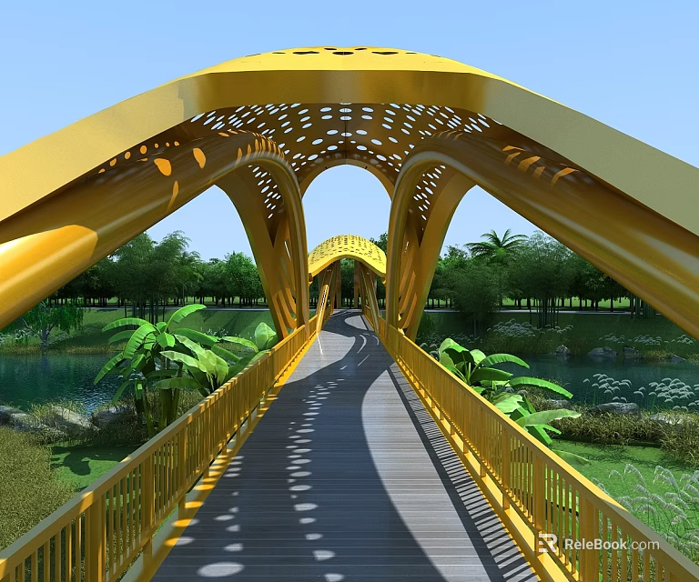 Golden Arched Bridge Design in Scenic Park with Greenery and Water 3d model 