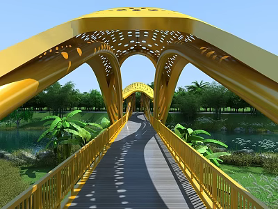 Golden Arched Bridge Design in Scenic Park with Greenery and Water 3d model