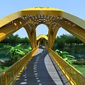 Golden Arched Bridge Design in Scenic Park with Greenery and Water