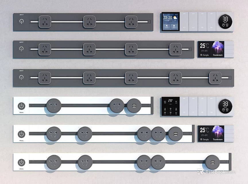 Modern Sleek Switch Panels With Multiple Sockets Control Buttons And Digital Displays 3d model